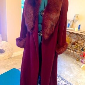 Vintage Marvin Richards lambs wool maxi coat with fox fur at collar and wrists.